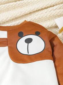 2pcs Young Girls' Cute Teddy Bear Sleeve Splice Sweatshirt And Embroidered Bear Elastic Waist Corduroy Pants Set, Suitable For Spring And Autumn, Daily Play