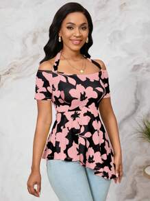 SHEIN Lady 花卉印花不对称下摆黄色露肩衬衫，夏日海滩 - 粉色 - 查看 6