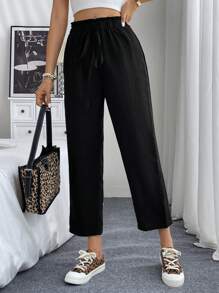Chiquease 宽松褶皱纹理休闲抽绳裤 - 黑色 - 查看 3