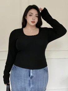 Dazy Plus Plus Size Solid Color Contrast Lace Square Neck Slim Fit Base Layer T-Shirt, Spring/Summer/Autumn Long Sleeve Women Tops,Fall Women Clothes - Black - View 5