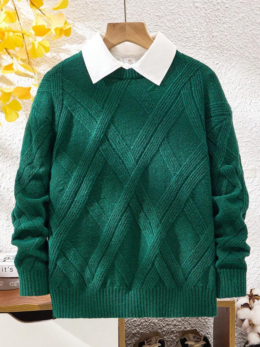 Tween Boy Casual Green Textured Crew Neck Knit Sweater, Suitable For Winter School & Travel