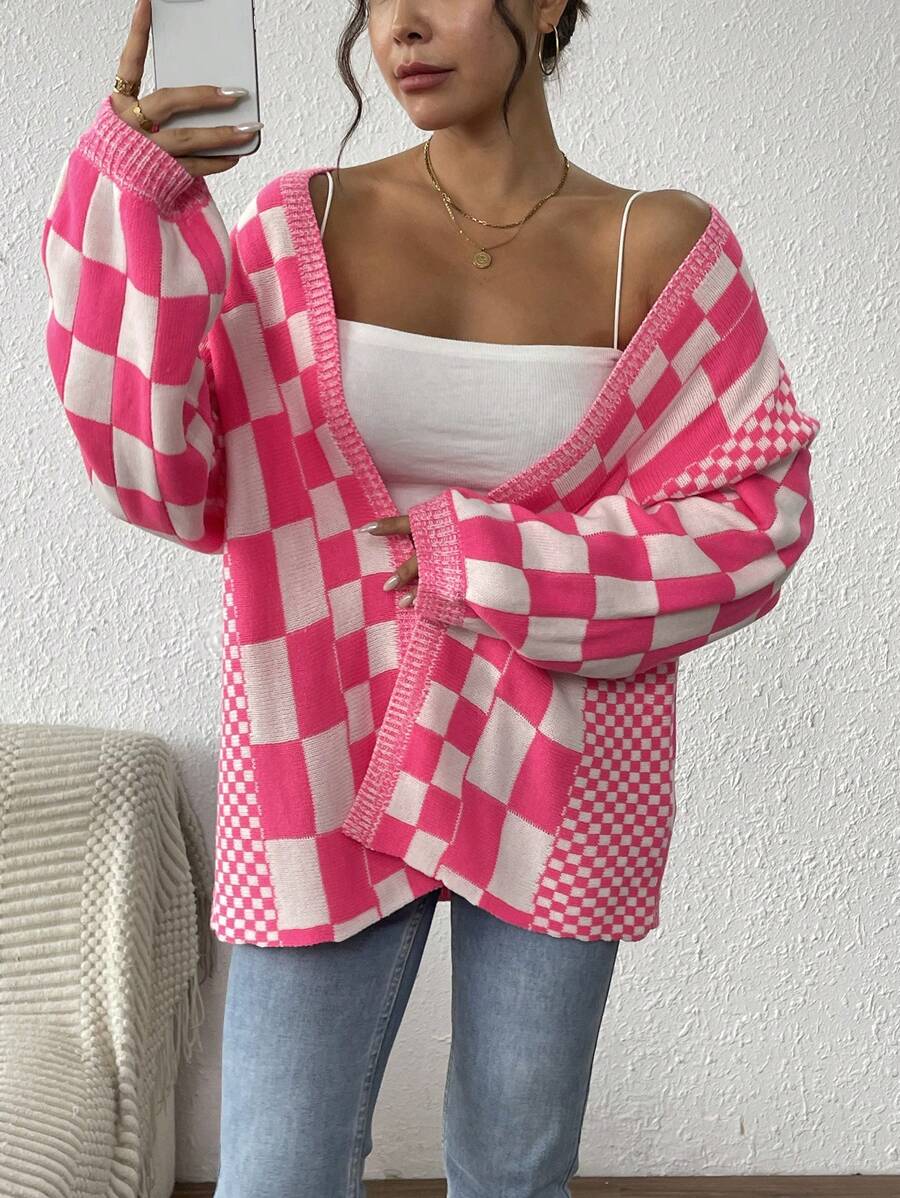 EMERY ROSE 女式拼色格子印花长袖开衫、长袖上衣 - 玫紅色 - 查看 1