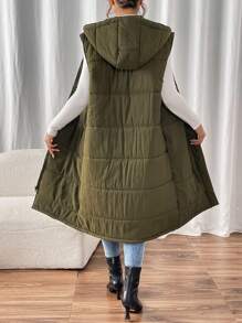 Chiquease 女士纯色带口袋拉链无袖加厚棉服外套，秋冬装 - 軍綠色 - 查看 2