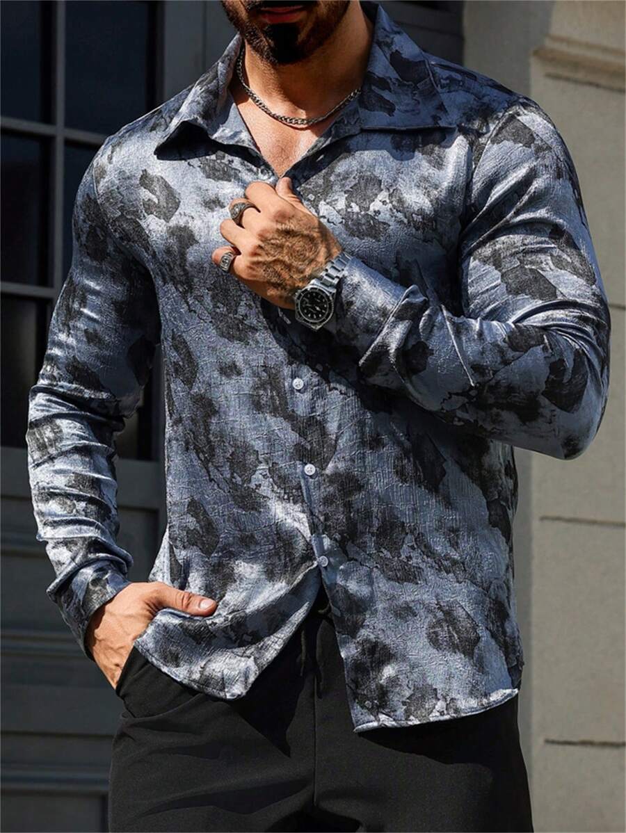 Manfinity Mode Cămașă casual cu mânecă lungă și imprimeu integral cu nasturi în față - Dusty Blue - Vizualizare 1
