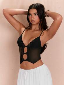 SHEIN BAE Women's Solid Color Lace Patchwork Camisole - Black - View 5