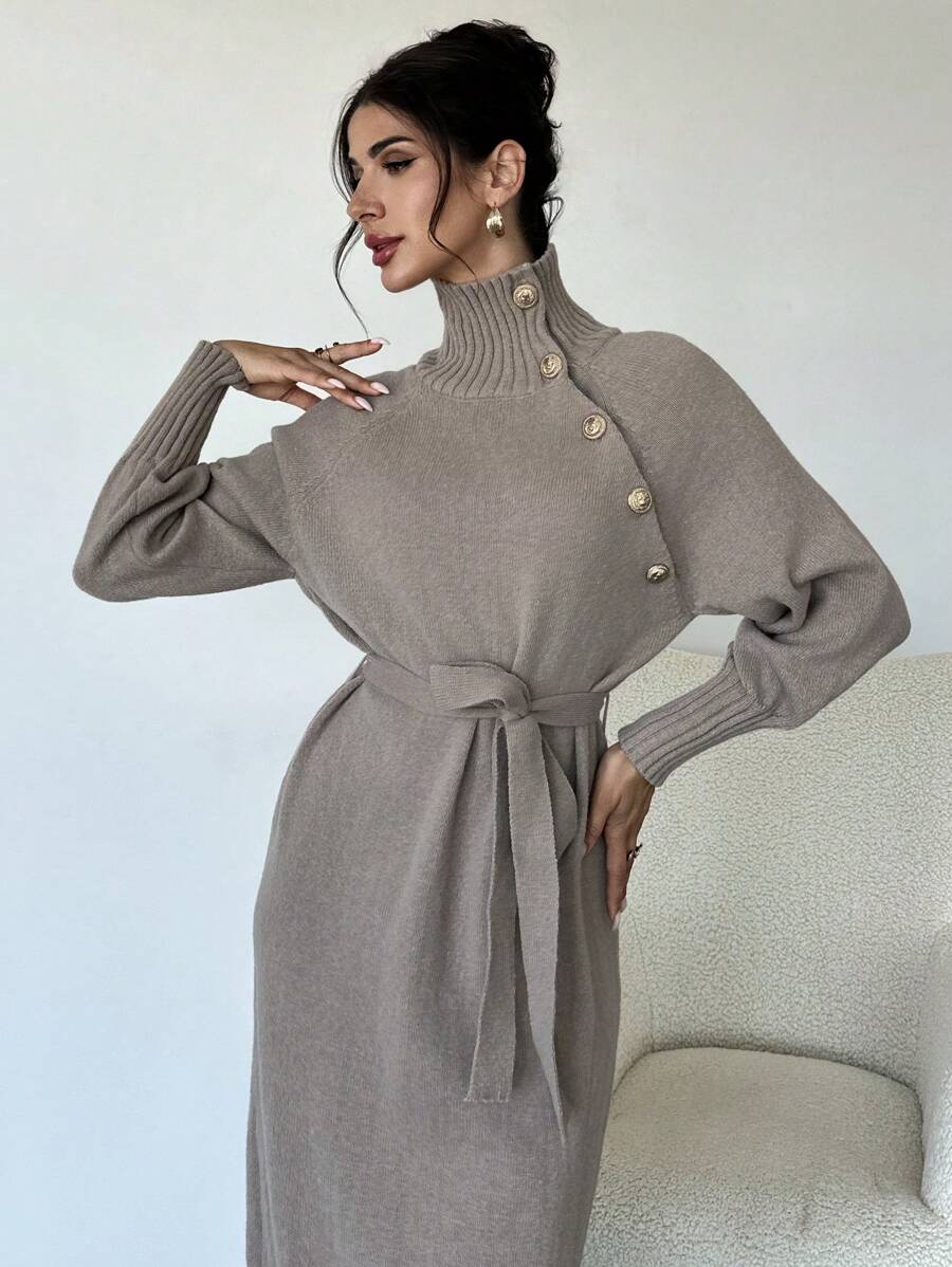 Firerie Vestido de suéter largo con cuello alto y cintura anudada para mujer - Café integral - Ver 1