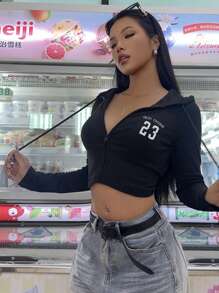 SHEIN EZwear Minimalist Graphic 23 Number Print Front Slim Fit Long Sleeve Cropped Thin Fleece Zip-Up Hoodie, Suitable For Autumn/Winter - Black - View 6