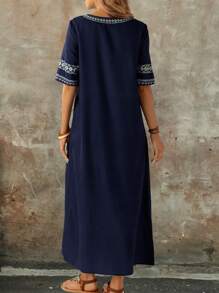 EMERY ROSE Women's Solid Color Patchwork Short Sleeve Casual Long Dress,Summer Dresses
Spring Clothes - Navy Blue - View 2