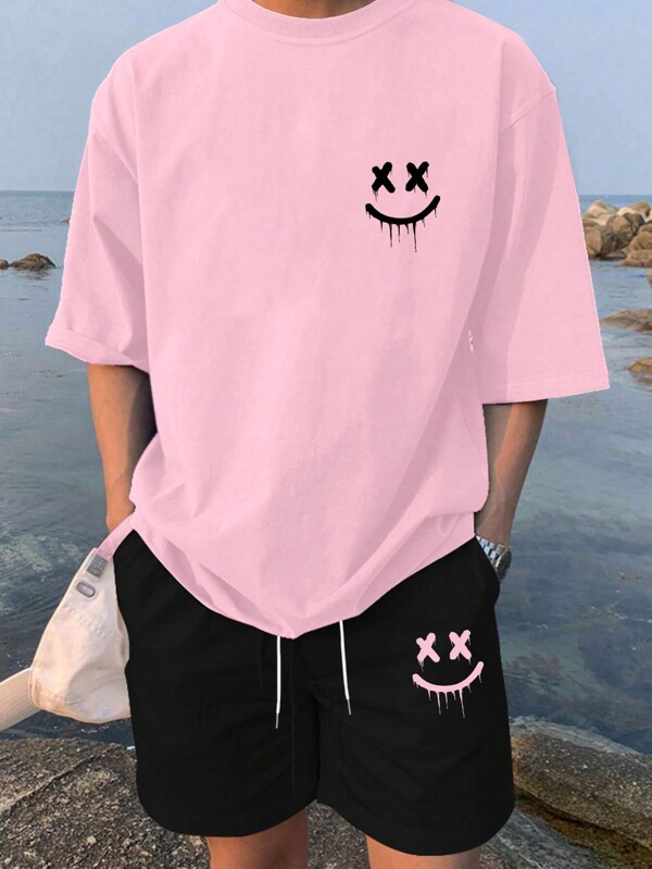 Manfinity Hypemode 2pcs Men's Crew Neck Short Sleeve Graphic Print Top And Drawstring Pocket Shorts Casual Set