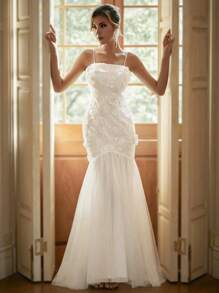 Mesh Mermaid Hem Cami Wedding Dress With 3D Embroidery Applique Patchwork - White - View 1