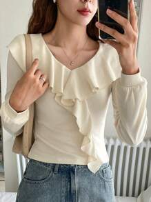 DAZY Women's Solid Ruffle Trim Fitted Cute T-Shirt