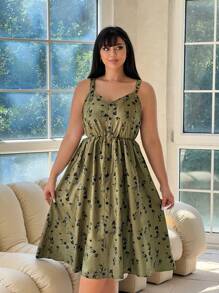 Flirla Vestido Plus Size de Veludo Cotelê Pinafore, Floral Verde Oliva - Multicolorido - Ver 4