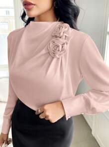 Modelyn Women's Solid Color 3D Flower Embroidery Simple Shirt, Casual Daily - Pink - View 4