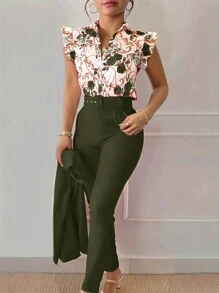 Xyvia 2pcs Women Summer Casual Floral Print Ruffled Sleeve Blouse And Solid Color Pants Set