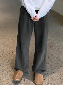 DAZY 男士纯色褶皱阔腿休闲运动裤，带保暖衬里，秋冬男士慢跑裤 - 灰色 - 查看 7