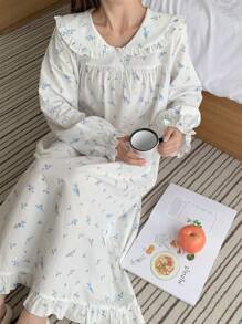 DAZY Ditsy Floral Ruffle Collar Sweet Nightgown Pajama, Moo Moo, Fall, Winter - White - View 1