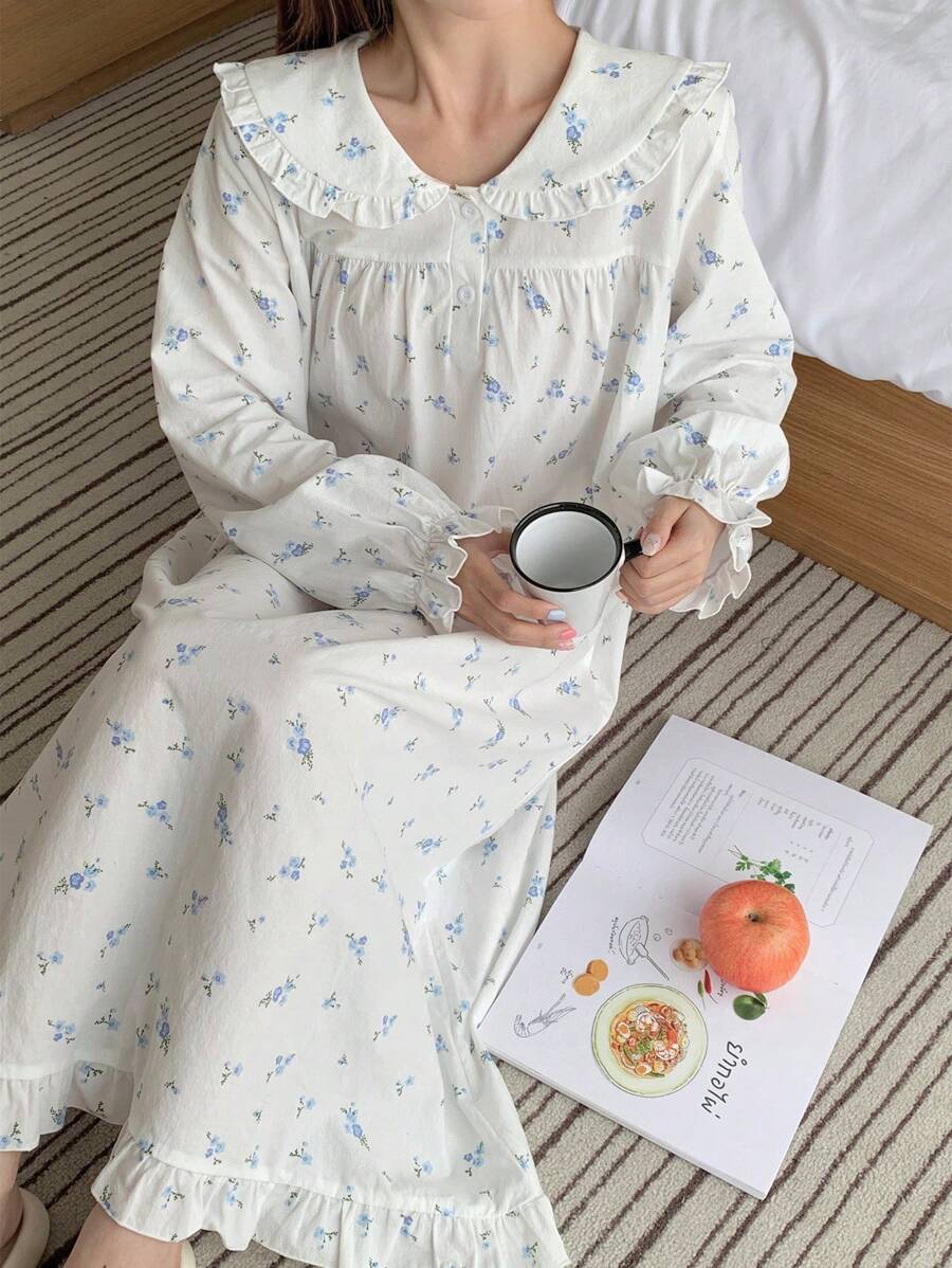 DAZY Ditsy Floral Ruffle Collar Sweet Nightgown Pajama, Moo Moo, Fall, Winter - White - View 1