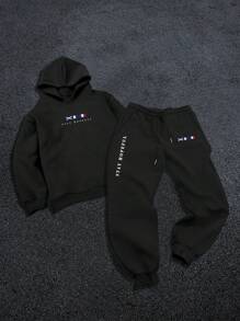 Manfinity Homme Bộ 2 áo hoodie lót nhiệt in chữ thường ngày cho nam và quần nỉ, mùa thu/đông - màu đen - Xem 2