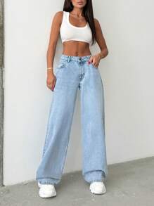 RueChic Women Rigid Belt Detailed Wide Leg Baggy Jeans - Medium Wash - View 7