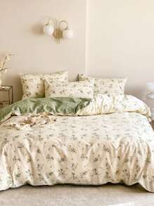 3 件套 Ditsy 花卉床上用品套装，绿色和米色配色的茶道图案，舒适的印花羽绒被套和枕套套装，适合单人床/双人床/大号床/特大号床