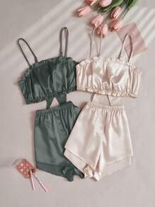 4pcs Set: Faux Silk Backless Bow Tube Top And Color Block Shorts - Multicolor - View 4