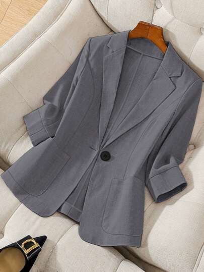 Franclia Plain Lapel Long Sleeve Buttoned Pocket Simple Blazer Jacket