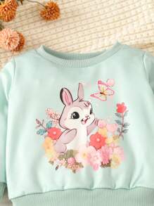 女婴可爱兔子和花卉印花运动衫和裤子套装