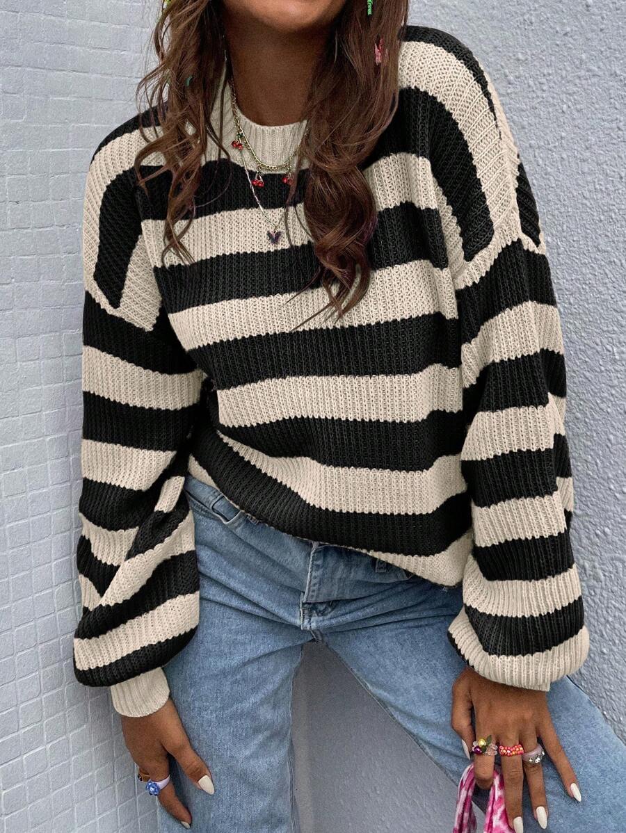 SoleilVie 女士撞色条纹圆领长袖毛衣，长袖上衣，针织套头衫，秋冬款 - 彩色 - 查看 1