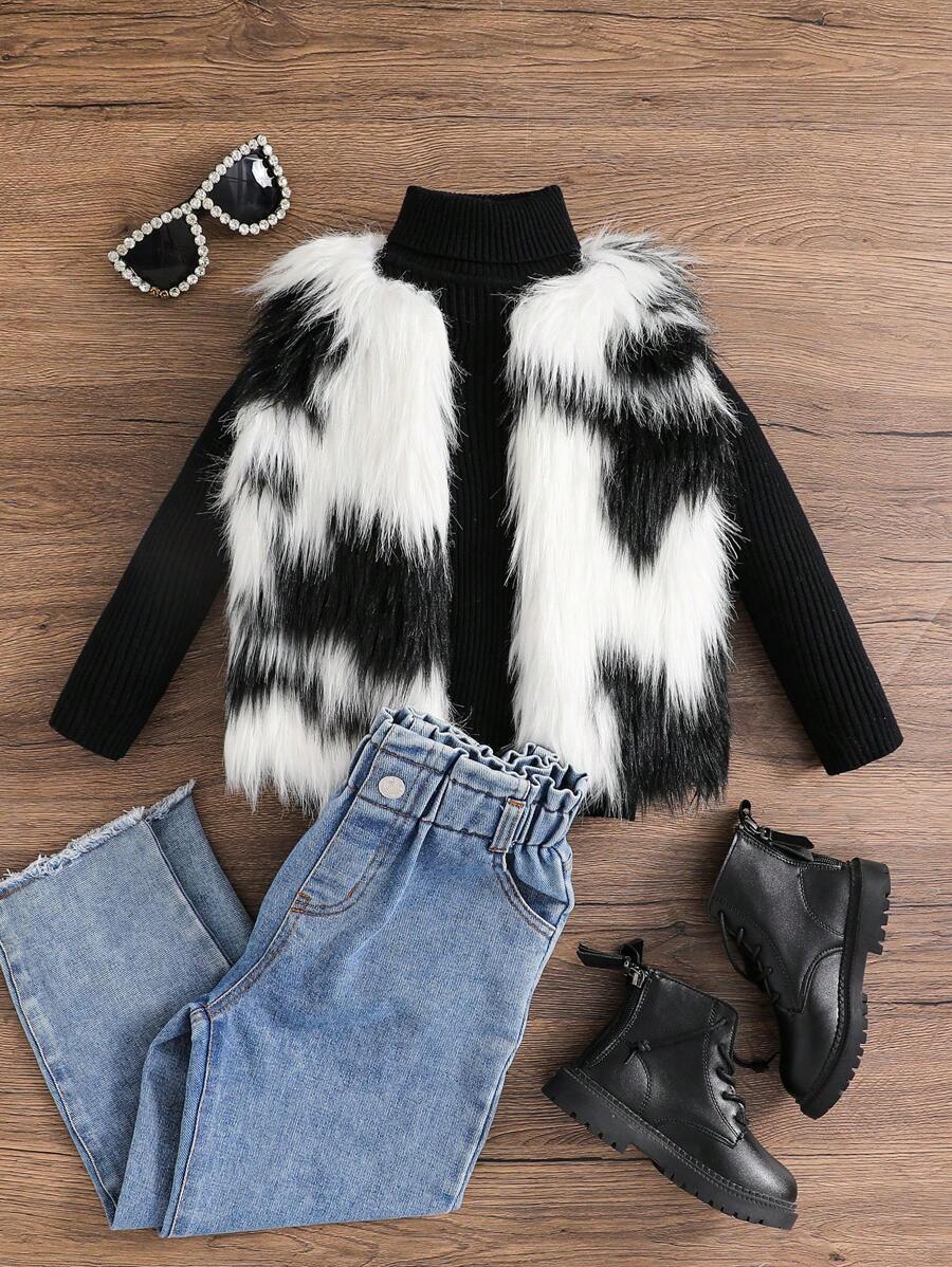 SHEIN Young Girl Furry Gradient Cow Print Color Block Open Front Fuzzy Coat Sleeveless Vest,In Fall/Winter - Black and White - View 1