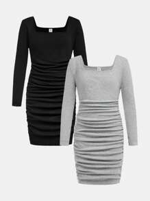 SHEIN 2pcs Tween Girls Knit Square Neck Ruched Splice Sheer Sleeve Long Dress Set