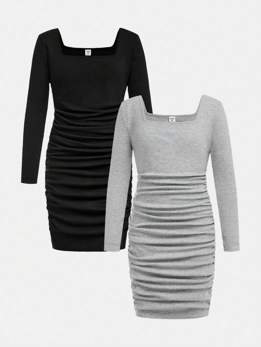 SHEIN 2pcs Tween Girls Knit Square Neck Ruched Splice Sheer Sleeve Long Dress Set