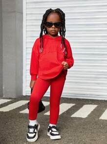 SHEIN Leap Crew 年轻女孩针织压花连帽上衣和运动裤套装，休闲运动 - 紅色 - 查看 4