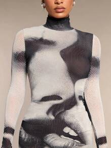 SHEIN BAE 女士印花高领长袖连衣裙 - 棕色 - 查看 3