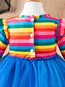 SHEIN Playful Pals 女婴彩虹条纹盖袖吊带二合一服装，秋季温暖舒适可爱风格