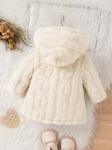SHEIN Áo khoác lông cừu trùm đầu cho bé gái sơ sinh, thời trang thường ngày dày dặn ấm áp thoải mái thu đông 2024 - Màu be - Xem 2