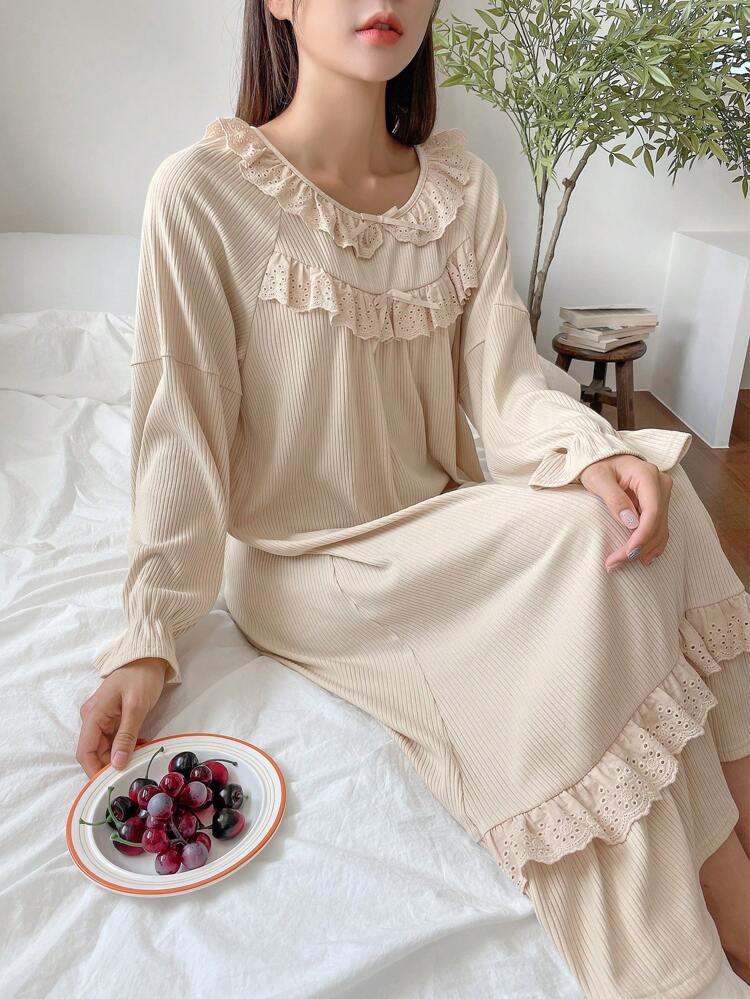 Ruffled Floral Decor Lovely Knit Nightgown Pajama
