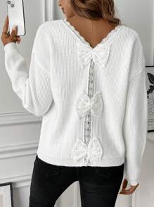 SHEIN Unity Women's Solid Color Simple Everyday Contrast Lace Bow Decor Pullover Sweater,Long Sleeve Tops, Knit Pullover Fall Winter - White - View 2