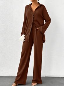 SHEIN Cottnline 棉质高码纯色纹理面料衬衫和裤子两件套 - 棕色 - 查看 4