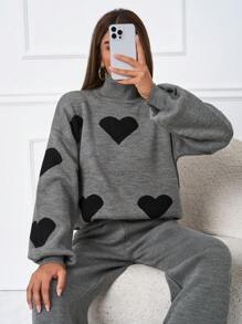 SHEIN Tall 2 piezas/Conjunto Suéter de cuello alto con estampado de corazón casual