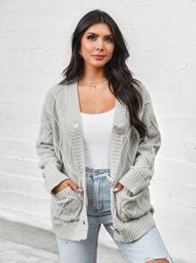 SHEIN LUNE Grey Vintage Twist Knitted Cardigan Sweater, Suitable For Spring And Autumn - Grey - View 1