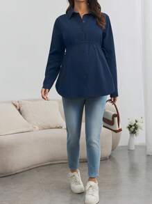 SHEIN Maternity Bow Tie Drawstring Button Up Shirt For Pregnant Women - Dark Wash - View 3