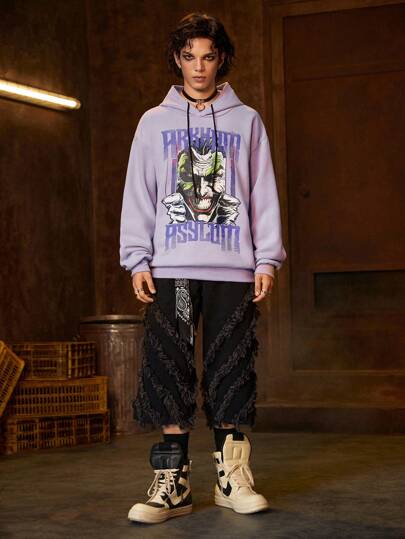 Harley Quinn | ROMWE ROMWE Avant Men's Casual Drop Shoulder Letter & Figure Print Drawstring Hooded Sweatshirt, Spring/Autumn