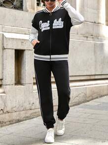 SHEIN Tall 100% Cotton Letter Graphic Drop Shoulder Bomber Jacket & Drawstring Waist Sweatpants - Black and White - View 6