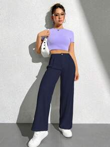 SHEIN PETITE Women's Solid Color Wide Leg Long Pants, Commute Style - Navy Blue - View 4