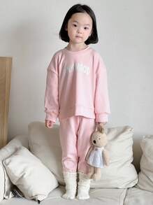 Dazy Kids 2pcs/Set Young Girl Round Neck Letter Knit Fleece Sweatshirt And Leggings, Fall Outfit, Winter - Pink - View 9