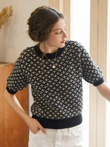 Knit Mix 优雅女士春夏时尚日常居家休闲通勤气质法式针织撞色图案短袖圆领罗纹边宽松套头T恤上衣，基础款返校复古春夏情侣装 - 黑色 - 查看 6