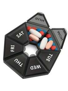SHEIN 1Pc One Week 7-Point Pill Box Round, 7-Grid Carry-On Weekly Sub-Package Small Pill Box, Mini 7-Day Portable Pill Accessories Box, Decorations, Gifts,Back To School