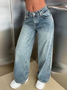 EURMUSE 100% Cotton LOW RISE WIDELEG CUY VINTAGE WASH Y2K JEAN - Medium Wash - View 4