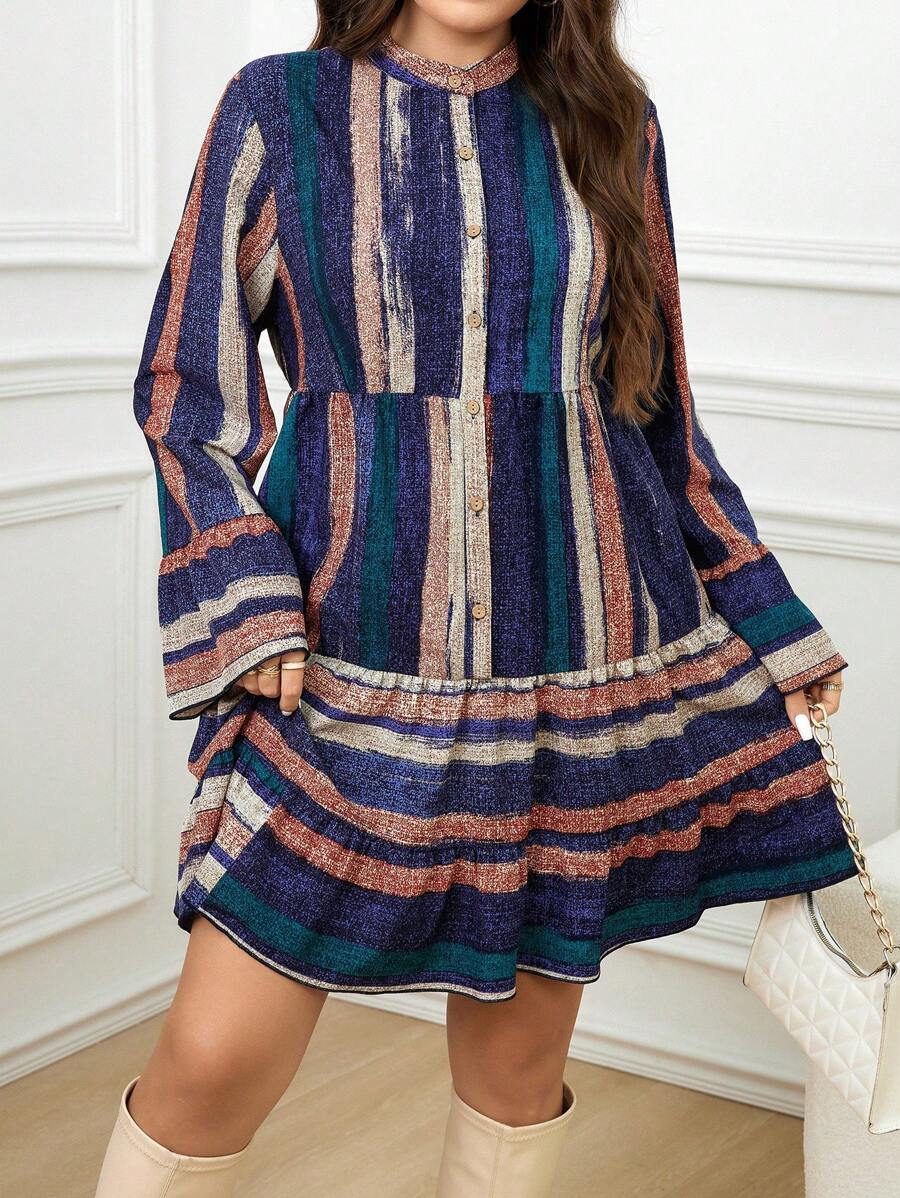 SHEIN LUNE 大码女式拼色条纹印花圆领长袖连衣裙 - 彩色 - 查看 1