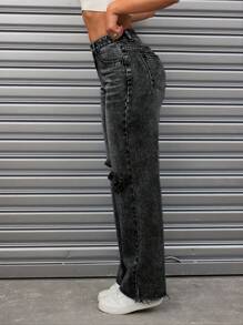 SHEIN ICON Mid-Waist Distressed Washed Straight-Leg Jeans